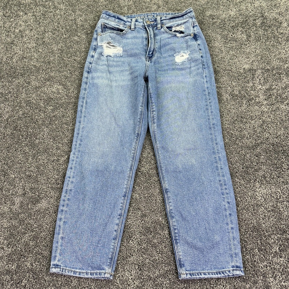 American Eagle Jeans Womens 2 X-Short Blue Mom Straight Distressed Stretch Denim